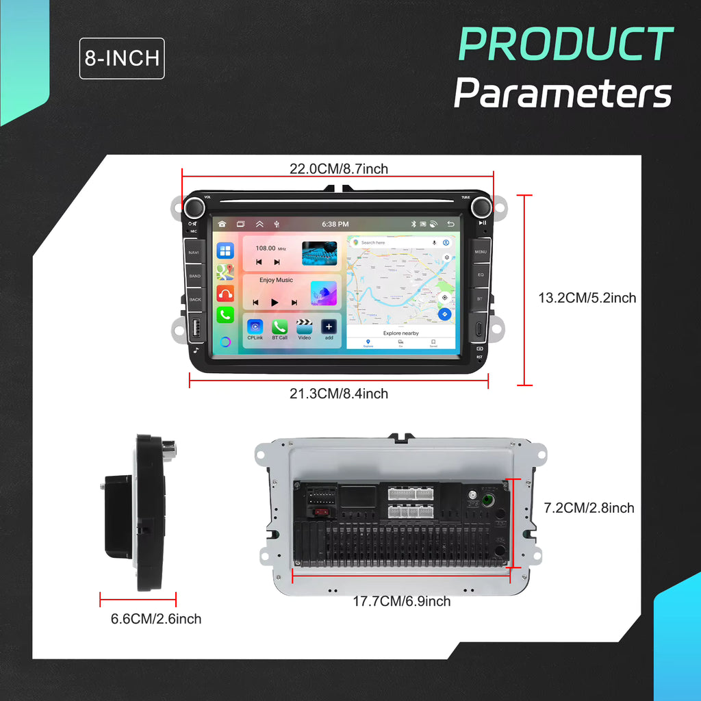 8" 2 Din Car Stereo Radio 2+64G CarPlay Car Multimedia Player For Seat VW Golf Skoda